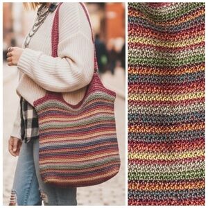 The Sak Crochet Striped Boho Tote Bag Multicolor Zip Top Purse Crochet Artisan